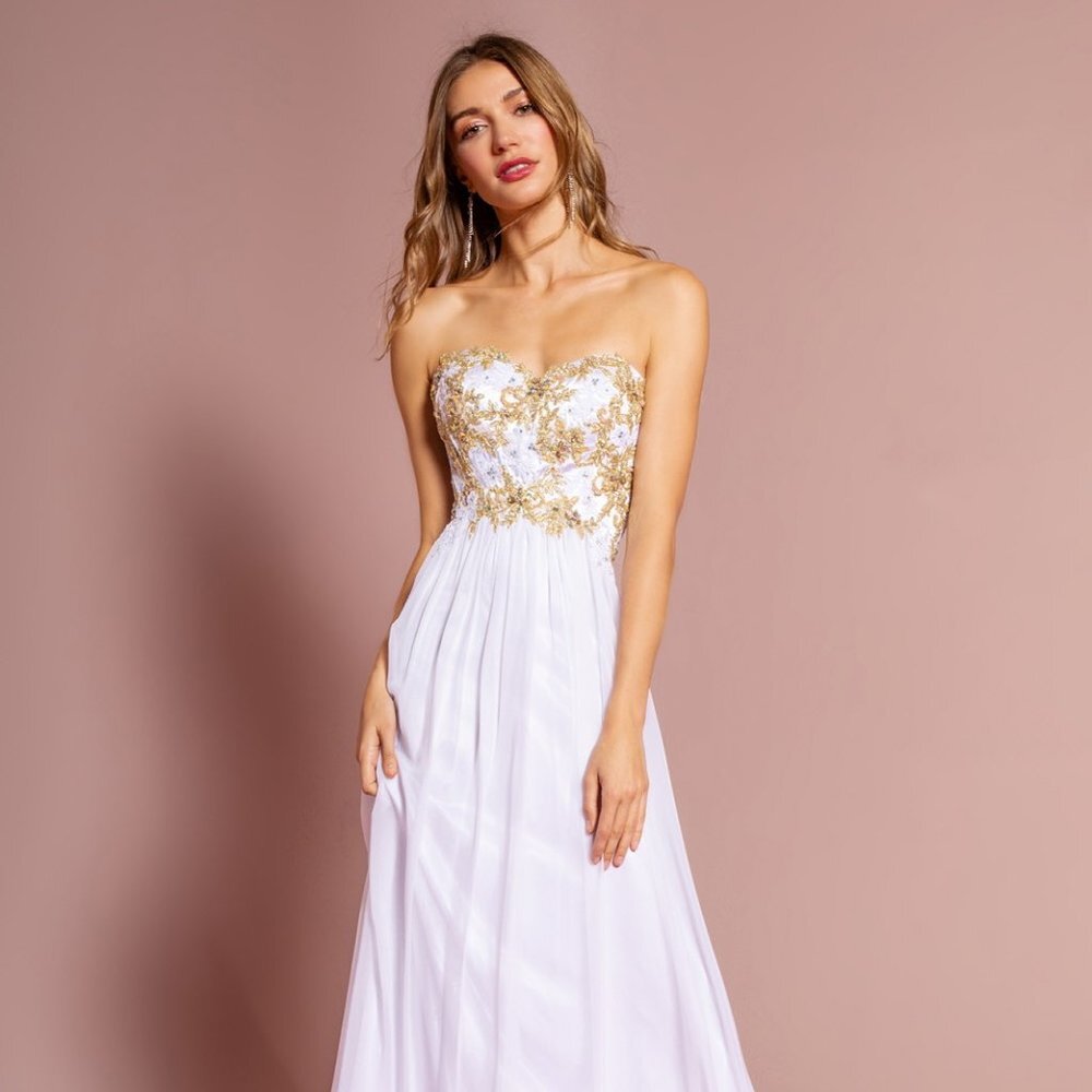 NEW LONG SLEEVELESS A-LINE STRAPLESS DRESS EMBROIDERED WITH RHINESTONES GL2050 - Picture 3 of 10